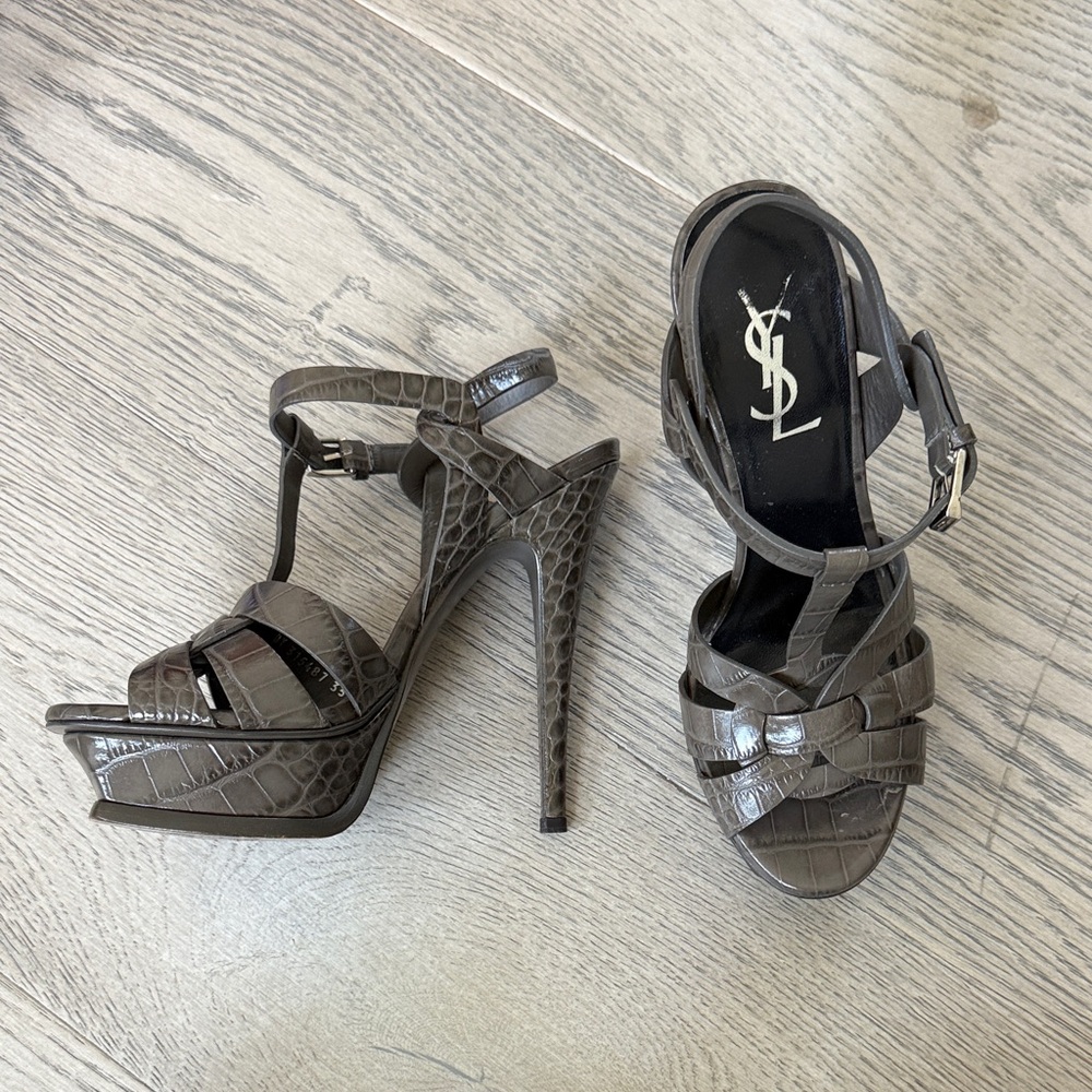 Yves Saint Laurent Croc-Embossed Gray Heels